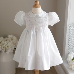 White Smocked Rosebud Dress Heirloom Pink Embroidery Feltman Brothers NWT